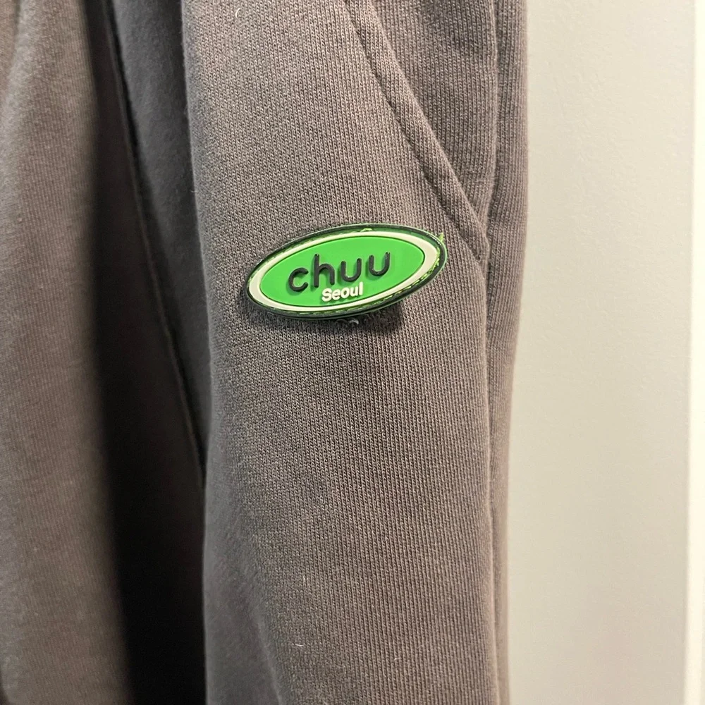 Chuu Seoul Women’s Gray Pants with Green Logo Have One Hole